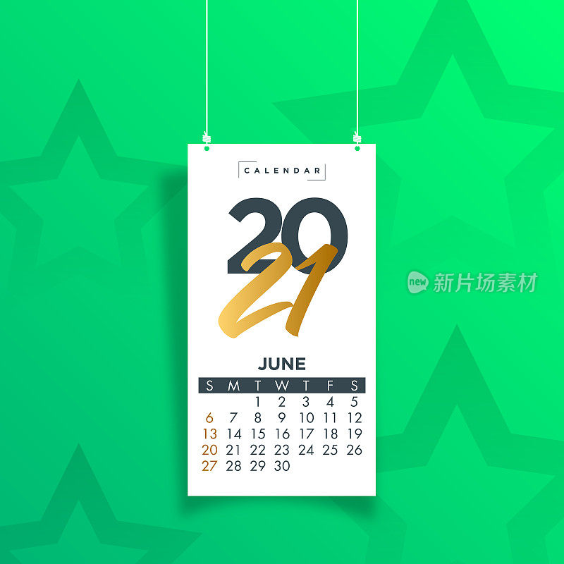 June 2021. Calendar 2021 design template week start on Sunday. Stock illustration